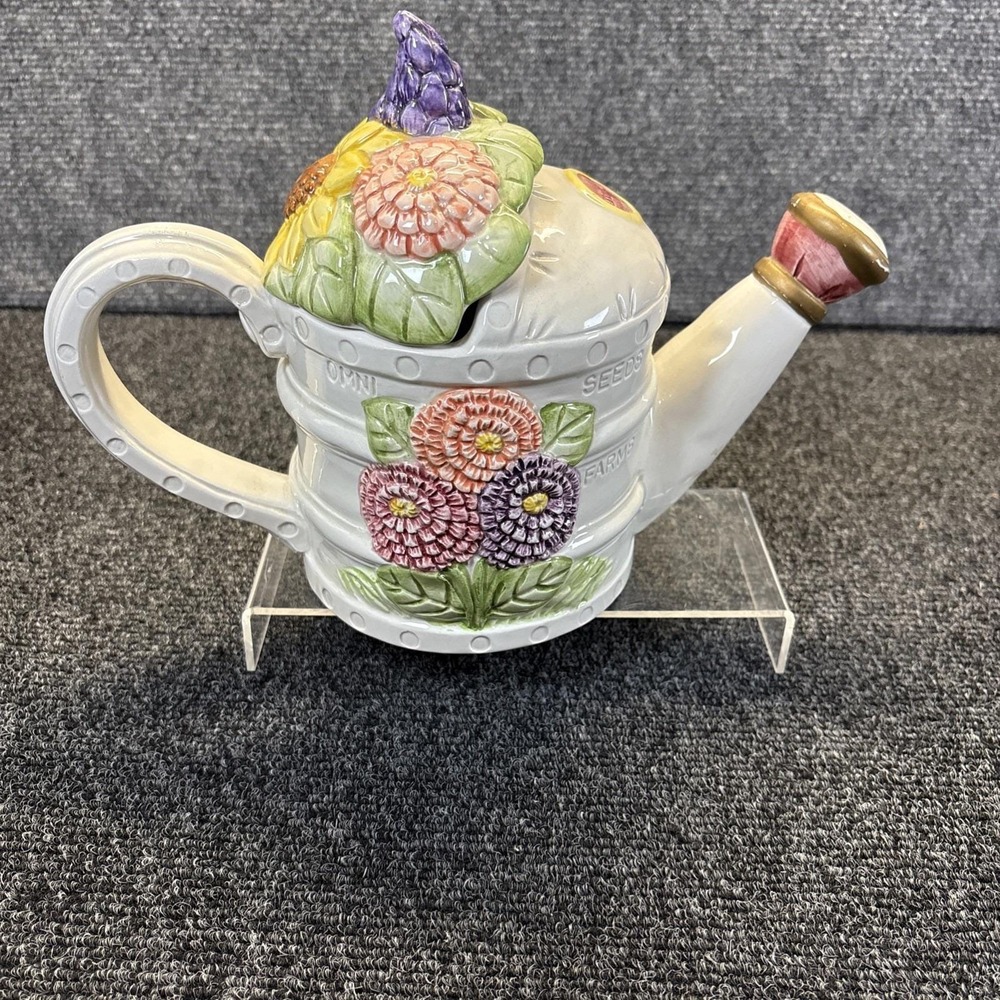 Vtg~Fitz and Floyd~Omnibus OCI~Seeds of Spring Watering Can Flower Teapot~1993